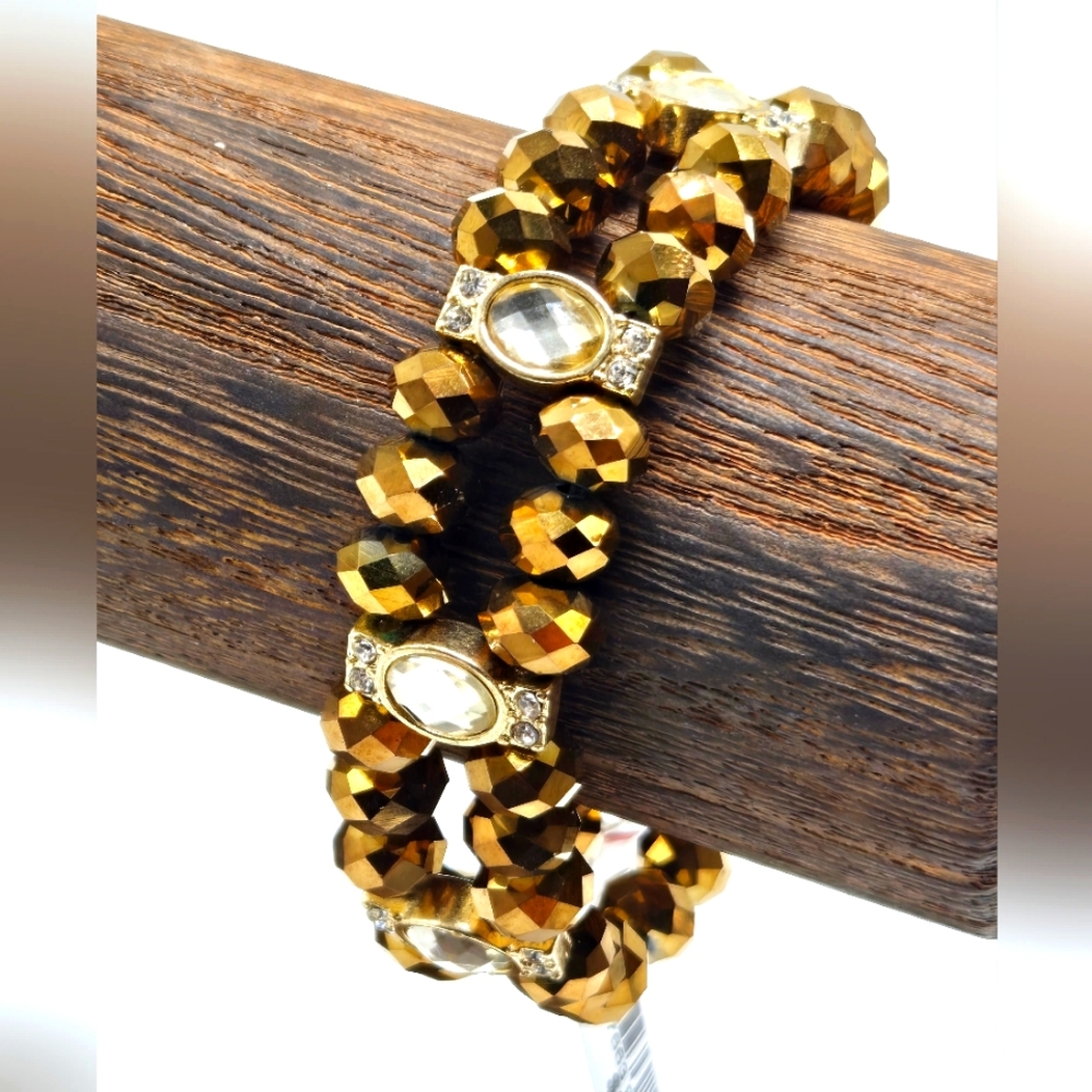 NWT Designer Charter Club Bracelet Gold Tone Faceted Beads Stretch Statement